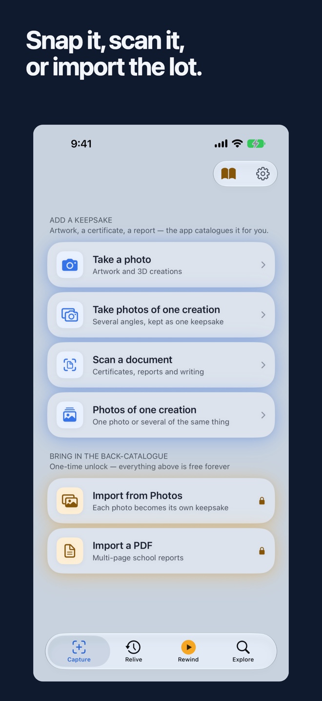 Capture a creation with the camera, document scanner, Photos or a PDF