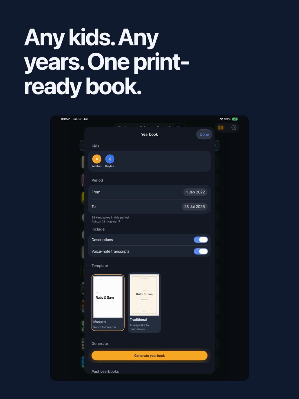 The complete FamilyKeepsake Yearbook form on iPad, including children, date range, descriptions, transcripts and templates